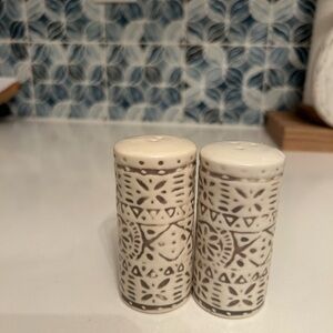 Threshold White and Gray Patterned Salt and Pepper Shakers